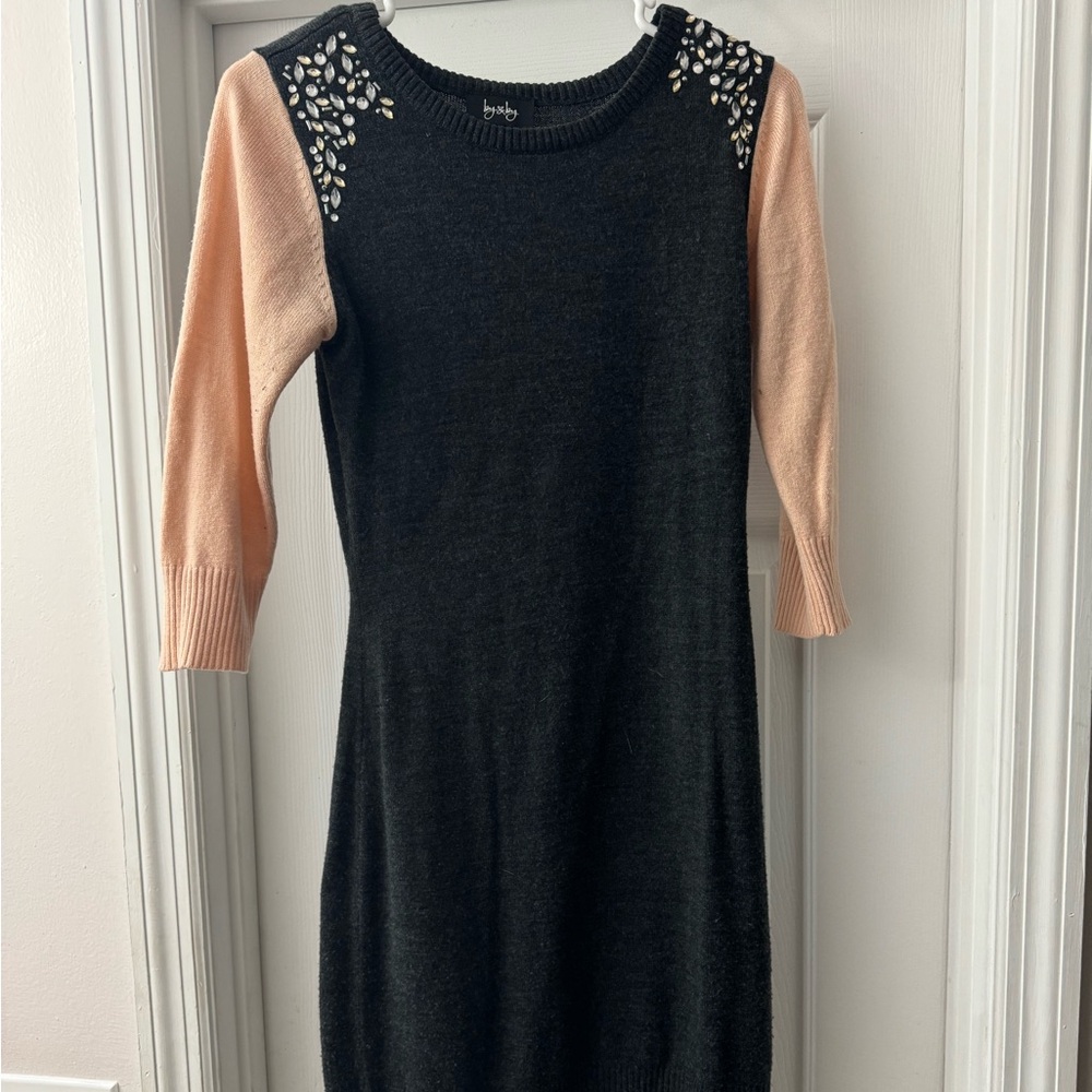 Charcoal grey and Pink Embellished sweater Dress